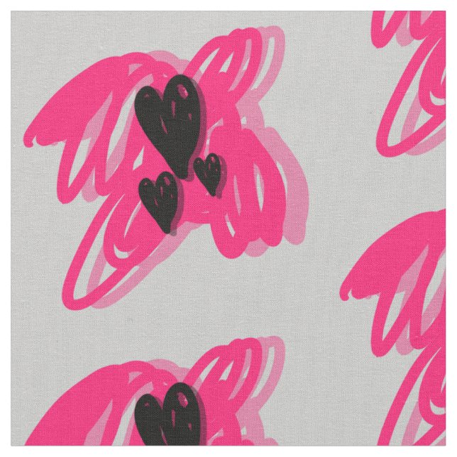 Three black hearts- pink abstract gray background fabric (Close Up)