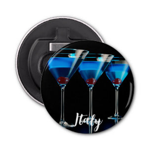 Three blue cocktails with cherry on black bottle opener