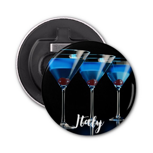 Three blue cocktails with cherry on black bottle opener (Front)