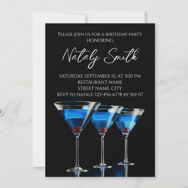 Three blue cocktails with cherry on black invitation (Front)