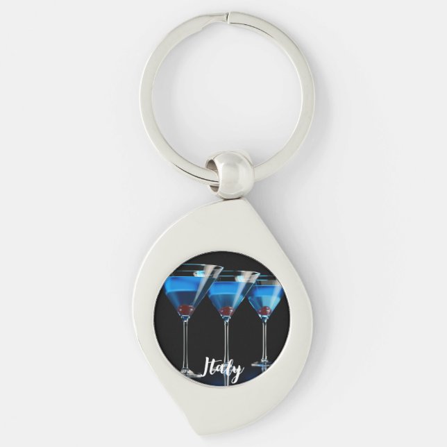 Three blue cocktails with cherry on black keychain (Front)