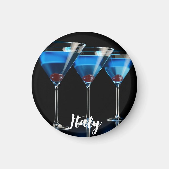 Three blue cocktails with cherry on black magnet (Front)