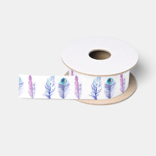 Three blue feathers satin ribbon