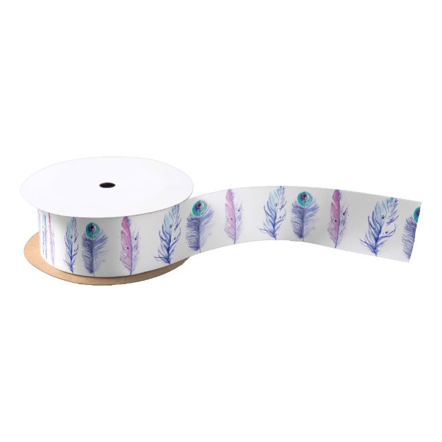 Three blue feathers satin ribbon (Spool)