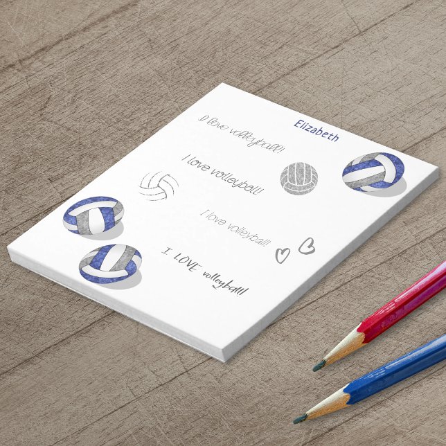 three blue grey team colours girly volleyballs notepad (Blue & gray girly volleyballs notepad with custom name)