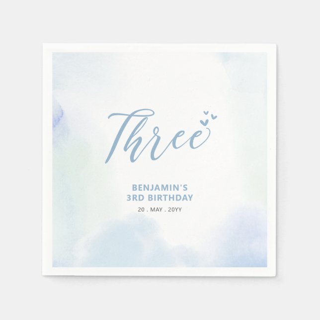 Three | Blue Hearts & Watercolor Boy 3rd Birthday Napkin (Front)