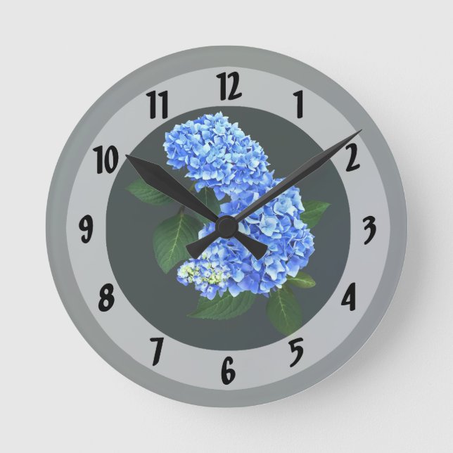 Three Blue Hydrangea Round Clock (Front)