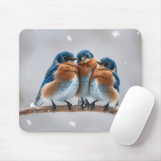 Three Bluebirds On a Snowy Branch Mouse Pad (With Mouse)