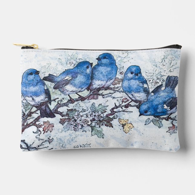 Three Bluebirds Perched On Cherry Blossom Accessory Pouch (Front)