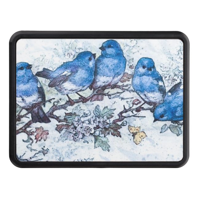 Three Bluebirds Perched On Cherry Blossom Trailer Hitch Cover (Front)