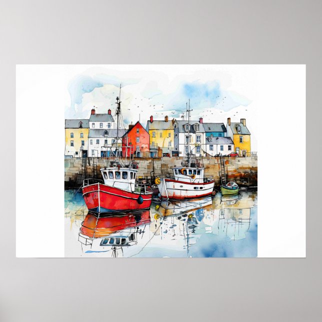 Three Boats In The Fishing Harbor Poster (Front)