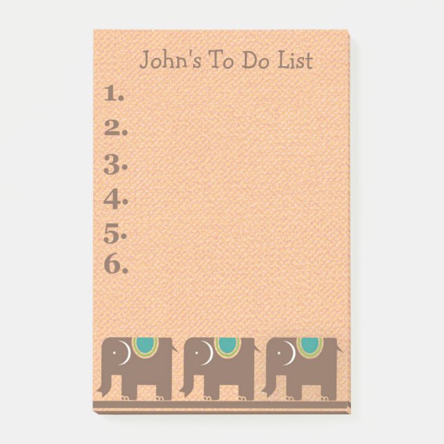 Three Brown Teal Elephants Personalized To Do List Post-it Notes (Front)