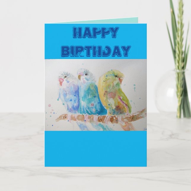 Three Budgies Sitting Blue Budgie Watercolour Card (Front)