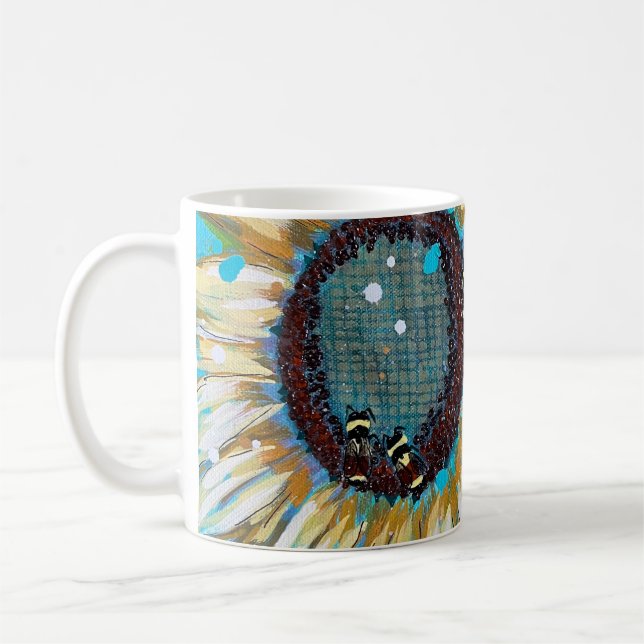 Three bumblebees on a sunflower  coffee mug (Left)
