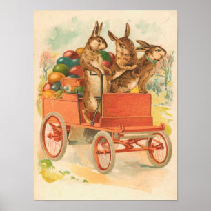 Three Bunnies With Eggs Vintage Easter Poster