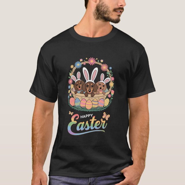 Three Bunny Dachshund Dogs In Easter Eggs Basket T-Shirt (Front)