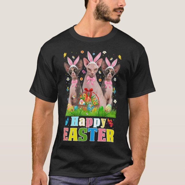 Three Bunny Sphynx Cats & Easter Egg Basket Easter T-Shirt (Front)