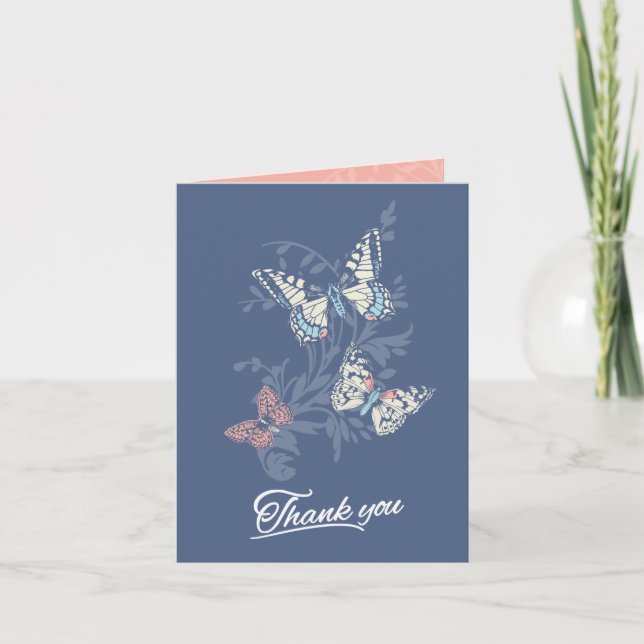 Three butterflies drawing blue thank you card (Front)