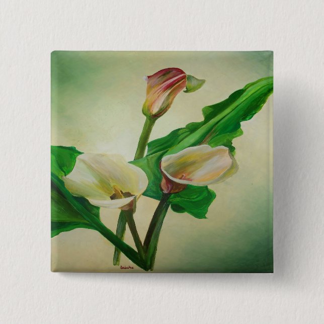 Three Calla Lilies Stunning Botanical Acrylic  2 Inch Square Button (Front)