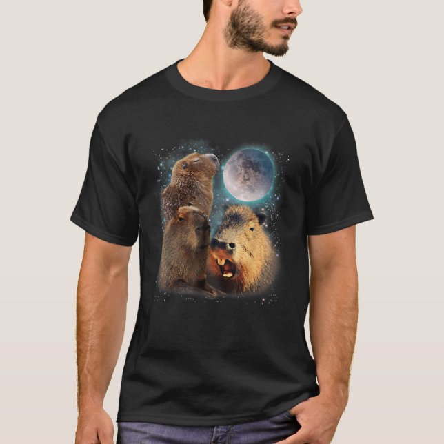 Three Capybaras and Moon Funny Capybara Humour Par T-Shirt (Front)
