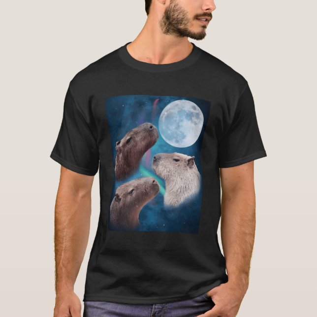 Three Capybaras Moon And Nighttime Sky T-Shirt (Front)