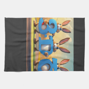 Three Cartoon Hares Holding Number Three Kitchen Towel