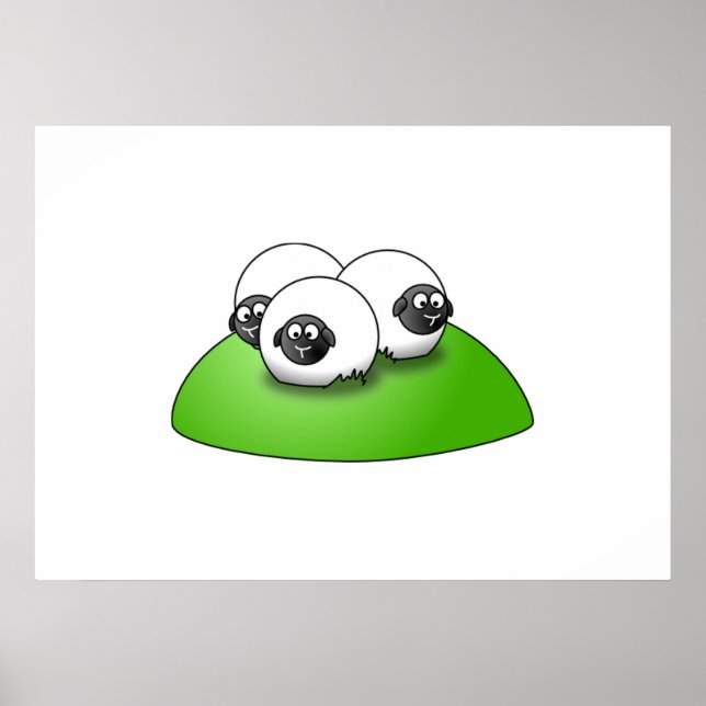 Three Cartoon Sheep on the Grass Poster (Front)