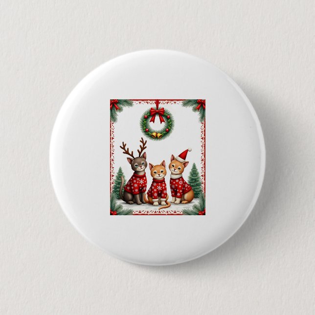Three Cat Funny Christmas Cat Ugly Xmas Sweater Me 2 Inch Round Button (Front)