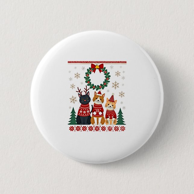 Three Cat Funny Christmas Cat Ugly Xmas Sweater Me 2 Inch Round Button (Front)