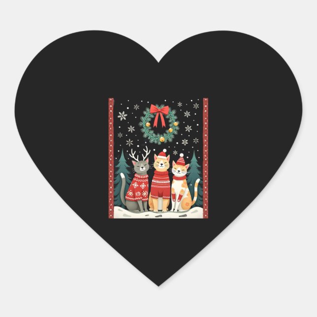 Three Cat Funny Christmas Cat Ugly Xmas Sweater Me Heart Sticker (Front)