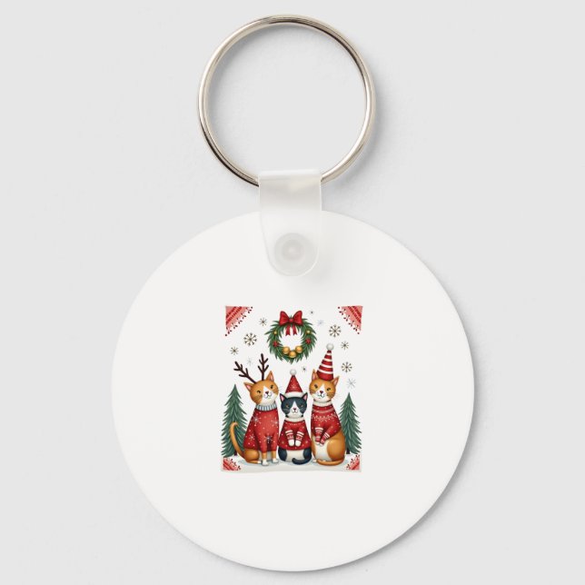 Three Cat Funny Christmas Cat Ugly Xmas Sweater Me Keychain (Front)