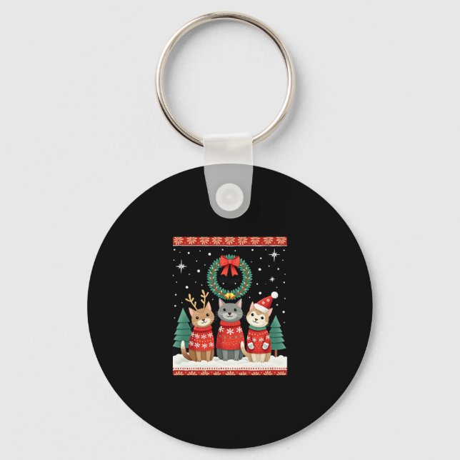 Three Cat Funny Christmas Cat Ugly Xmas Sweater Me Keychain (Front)