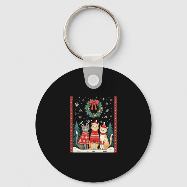 Three Cat Funny Christmas Cat Ugly Xmas Sweater Me Keychain (Front)