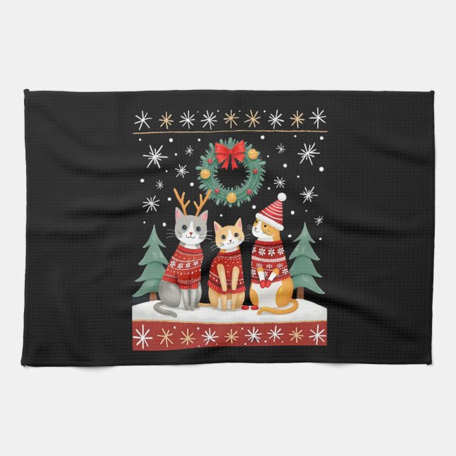 Three Cat Funny Christmas Cat Ugly Xmas Sweater Me Kitchen Towel (Horizontal)