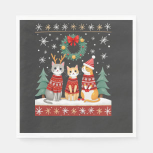 Three Cat Funny Christmas Cat Ugly Xmas Sweater Me Napkin