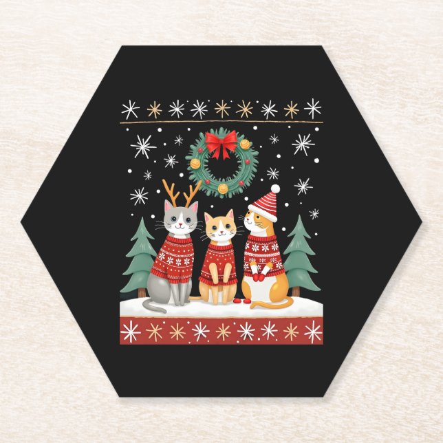 Three Cat Funny Christmas Cat Ugly Xmas Sweater Me Paper Coaster (Front)