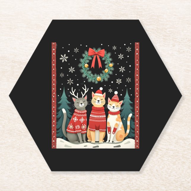 Three Cat Funny Christmas Cat Ugly Xmas Sweater Me Paper Coaster (Front)