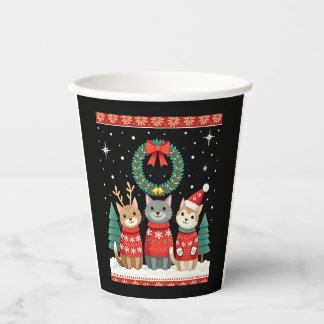Three Cat Funny Christmas Cat Ugly Xmas Sweater Me Paper Cups