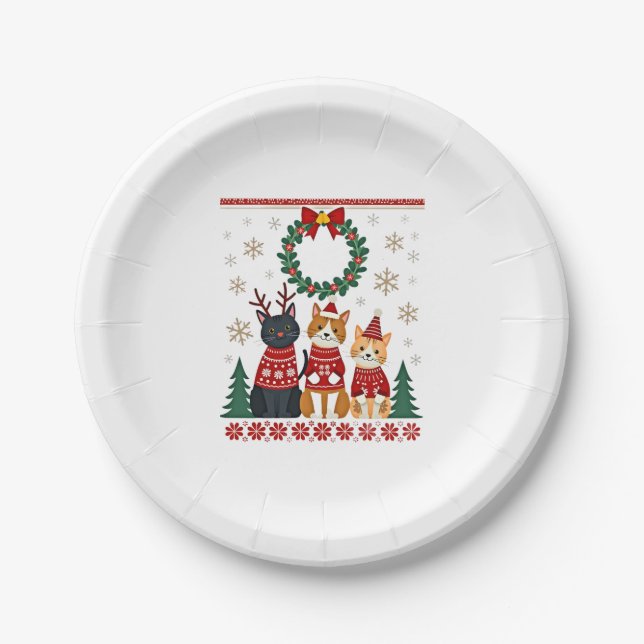 Three Cat Funny Christmas Cat Ugly Xmas Sweater Me Paper Plate (Front)