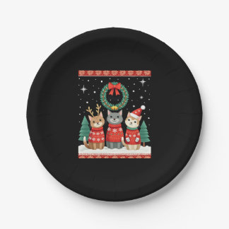 Three Cat Funny Christmas Cat Ugly Xmas Sweater Me Paper Plate