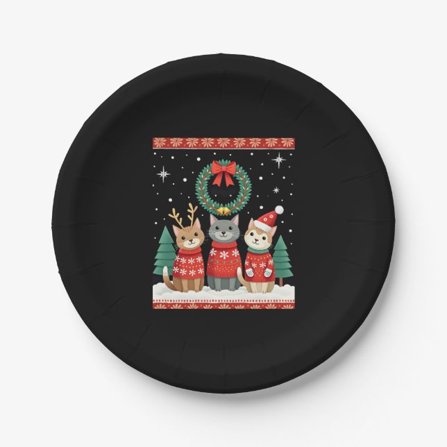Three Cat Funny Christmas Cat Ugly Xmas Sweater Me Paper Plate (Front)