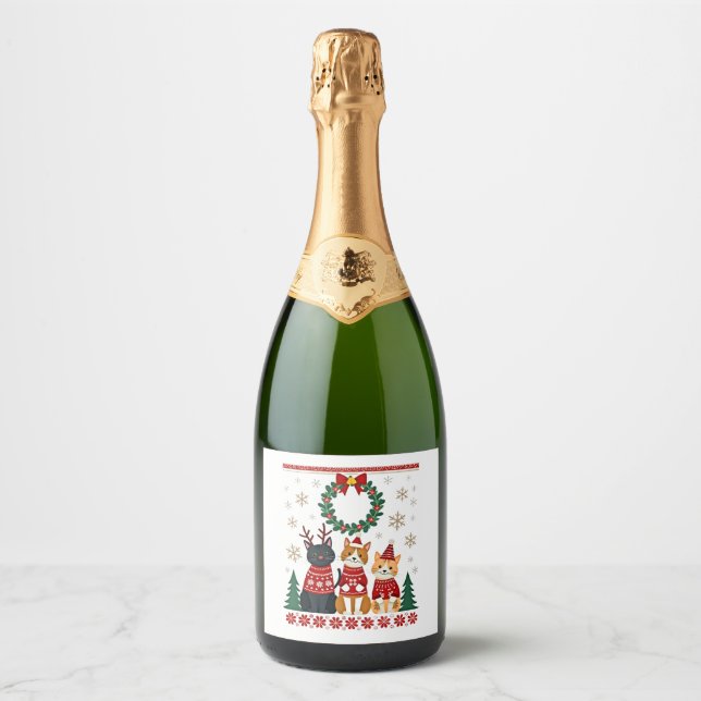 Three Cat Funny Christmas Cat Ugly Xmas Sweater Me Sparkling Wine Label (Front)