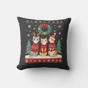 Three Cat Funny Christmas Cat Ugly Xmas Sweater Me Throw Pillow
