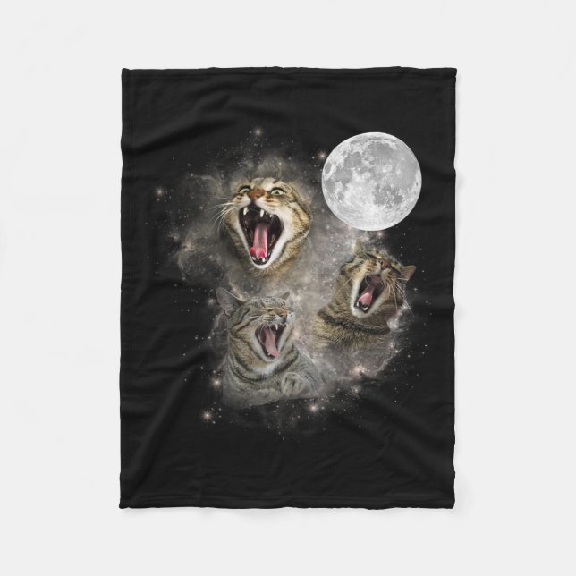 Three Cat Meow Moon Funny Weird Cursed Meme  Fleece Blanket (Front)