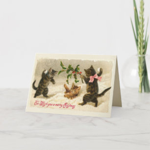 Three cats and a Holly branch Holiday Card