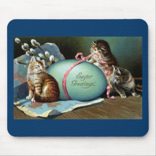 Three Cats & Big Blue Easter Egg Mouse Pad