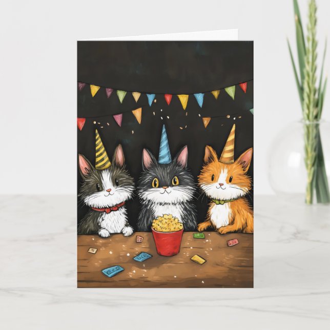 Three Cats Birthday Retro Cartoon Holiday Card (Front)
