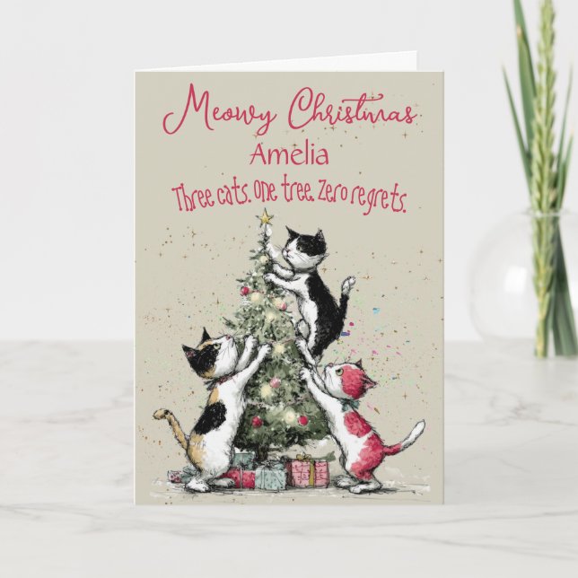 Three Cats Decorating A Tree Christmas Card (Front)