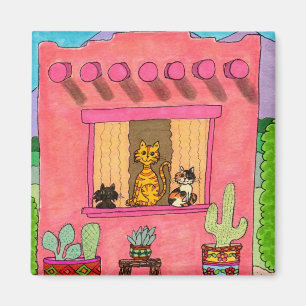 Three Cats in a Pink Adobe House Magnet
