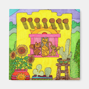 Three Cats in a Yellow Adobe House Magnet